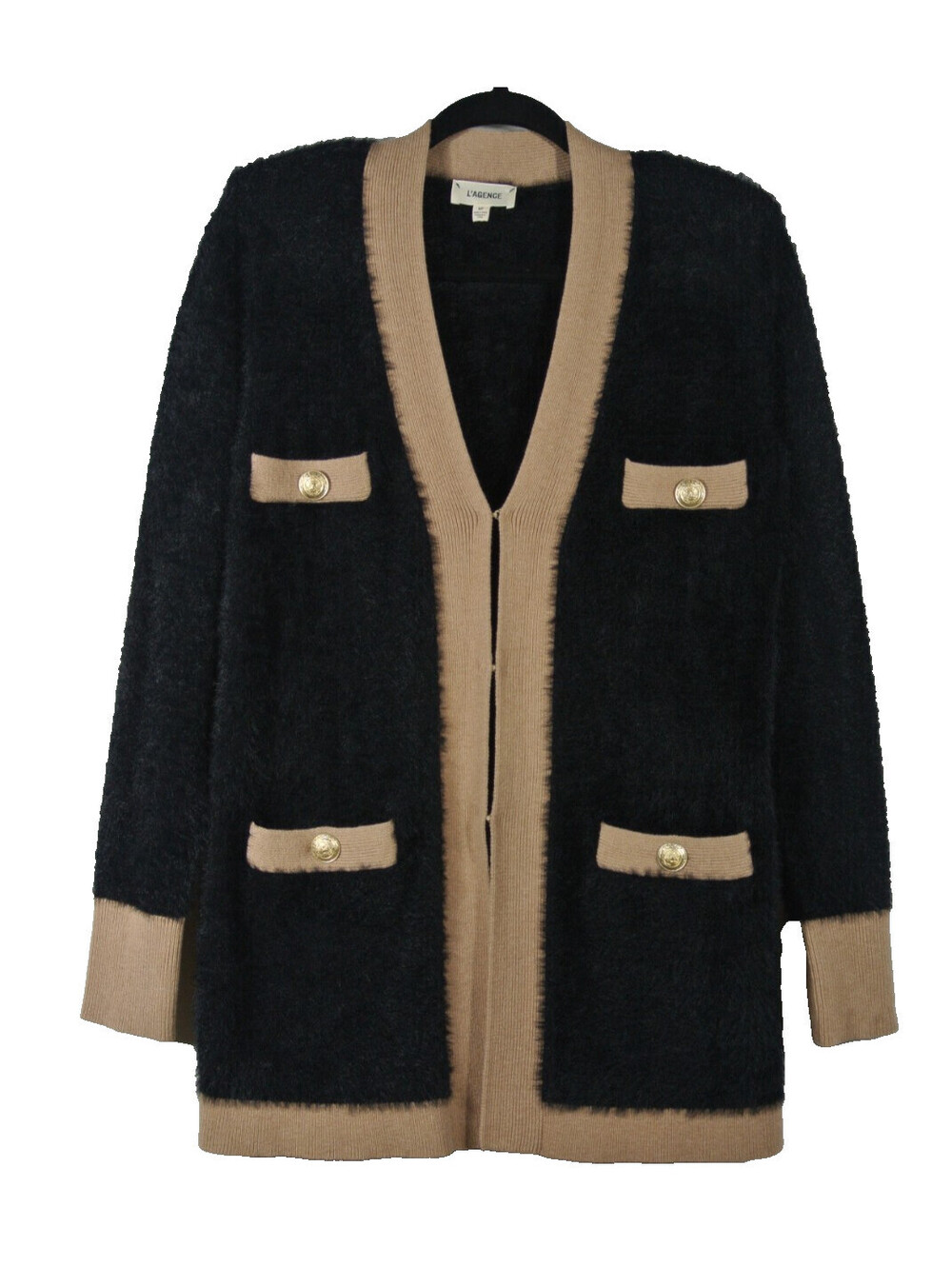 New, L'AGENCE Elin 4-Pocket Cardigan in Black/Brown Sz S #MD2617